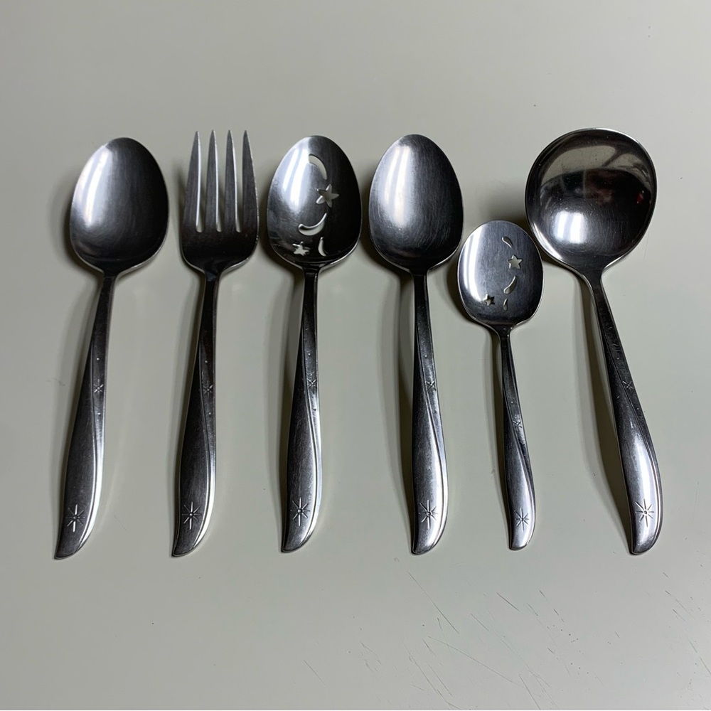 Vtg Oneida Community Stainless Twin Star Atomic Starburst Serving Spoon Fork MCM